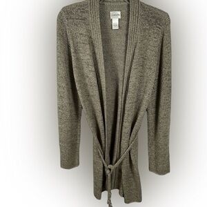 Chico’s Open Front Belted Long Cardigan Sweater Silver Accents Taupe 1/M(8)